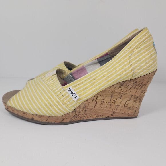 Toms Shoes Womens 7.5 Yellow Striped Fabric Wedge Cork Heels Peep Toe Slip On - Picture 5 of 10